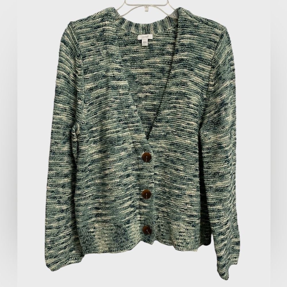 Pure Jill Space-Dyed Three-Button Chunky Cardigan Sweater Women L Green Coastal